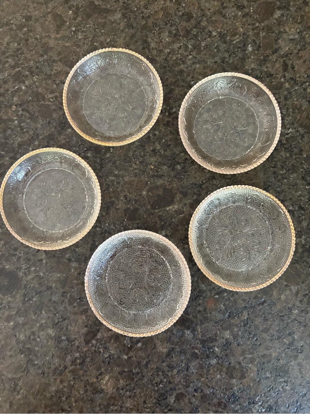 5 Jeanette Glass Harp and Lyre Coasters Gold Beaded Rim.